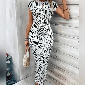 Vacation Random Printed Tie Waist Slim Fit Dress